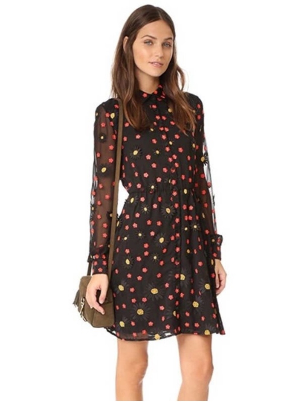 NWT Alice + Olivia Enid Floral Embroidered Shirt Dress Black Size 0